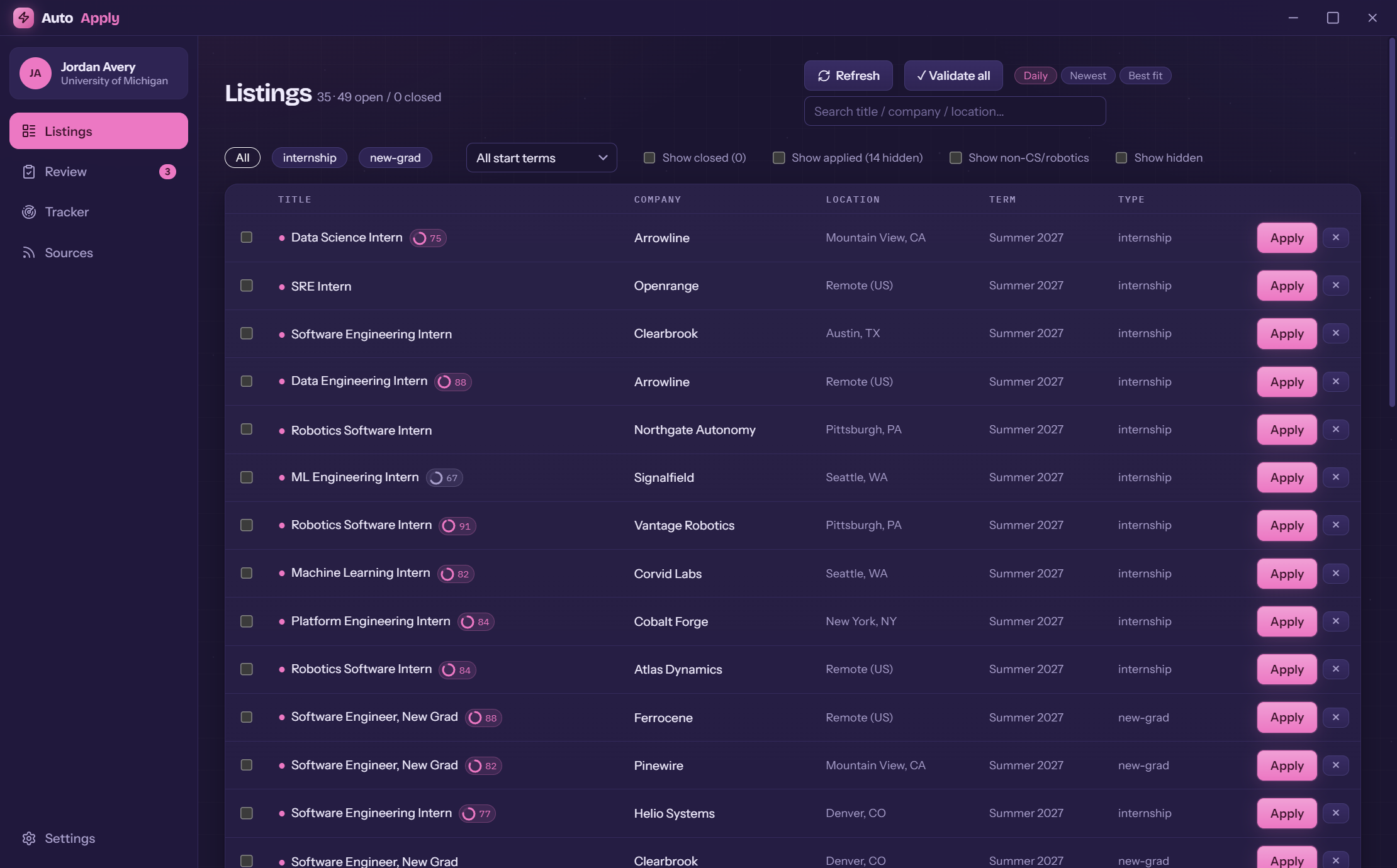 AutoApply listings with fit scores