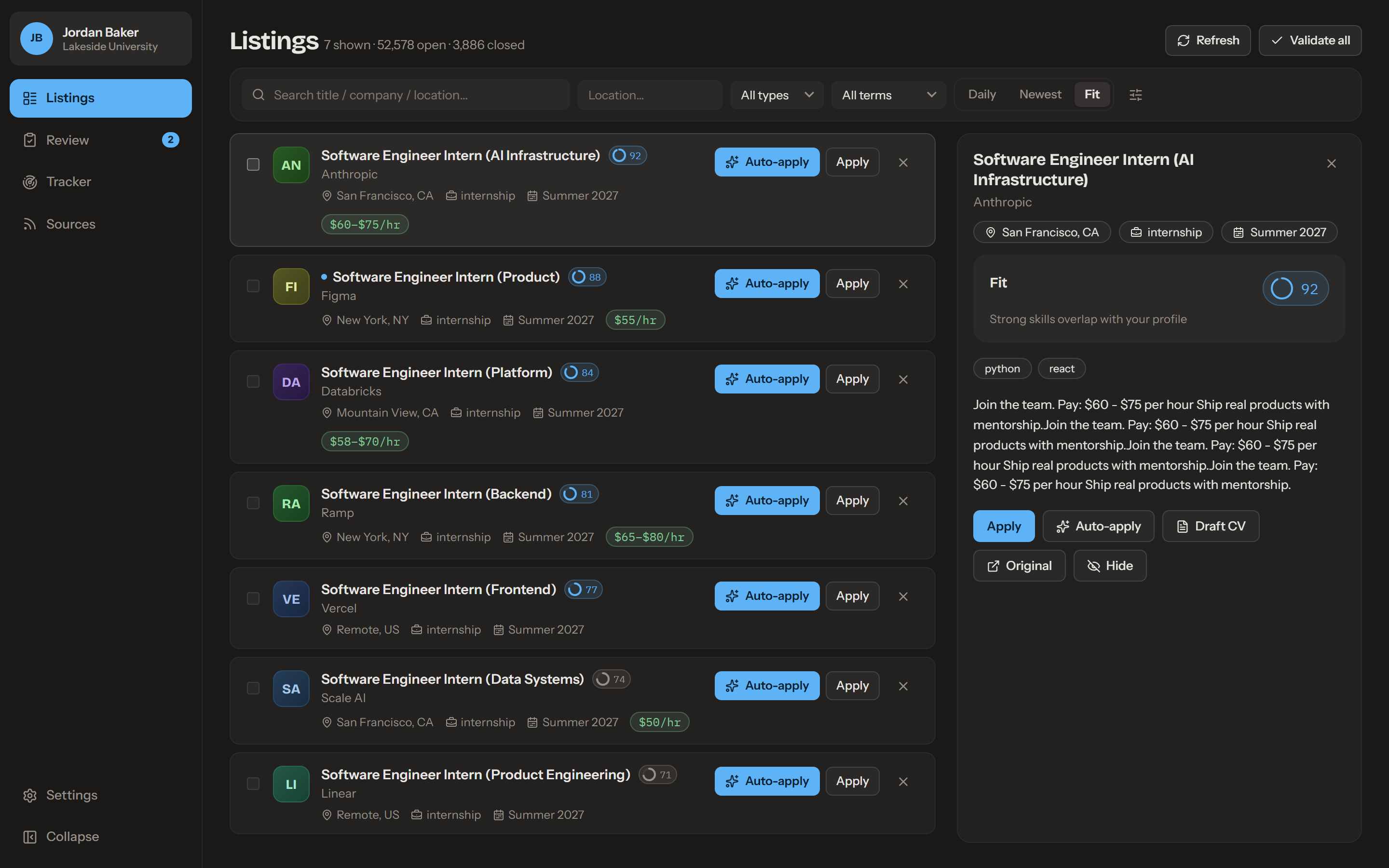 AutoApply listings with fit scores