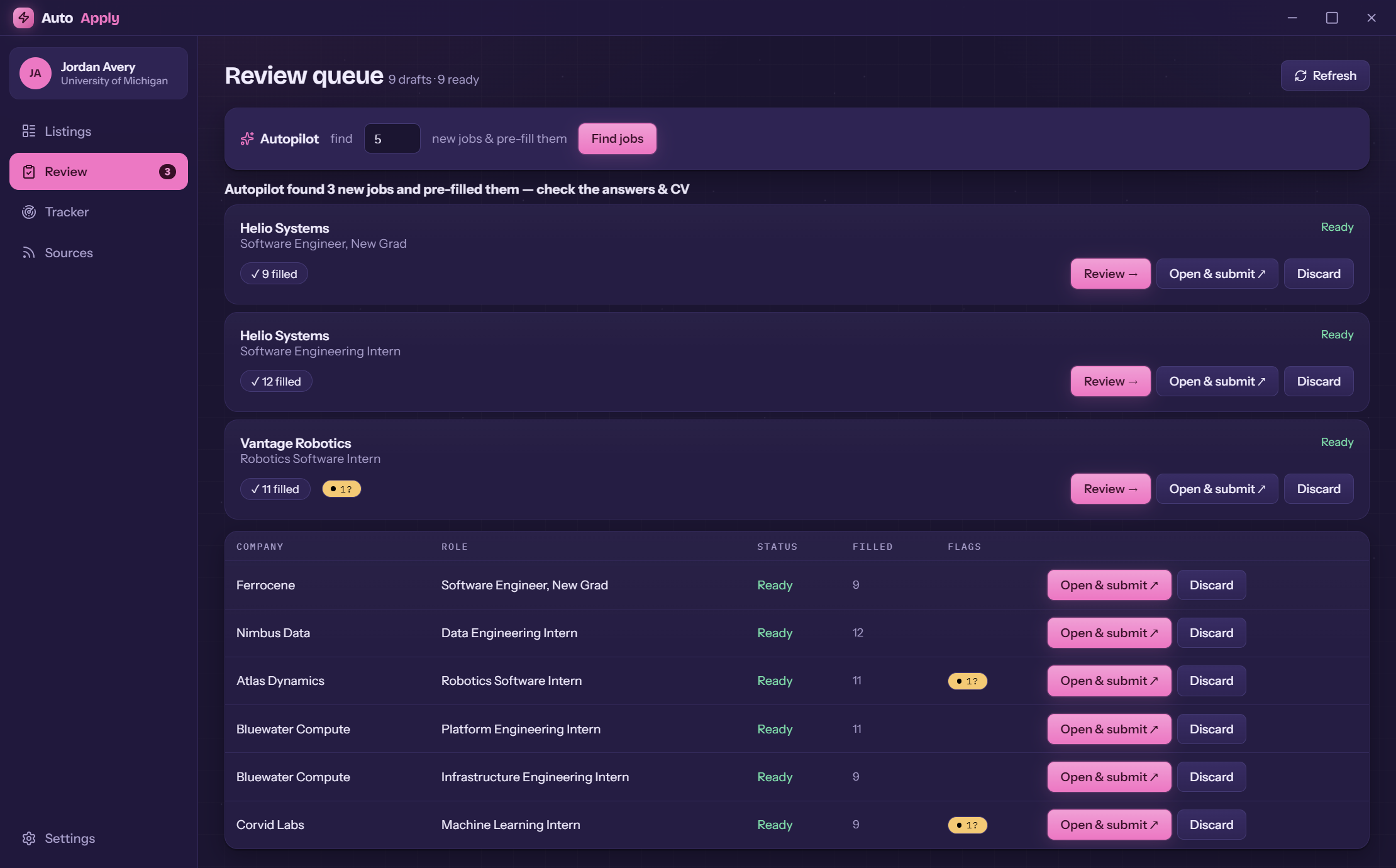 AutoApply review queue, a list of pre-drafted applications ready to review